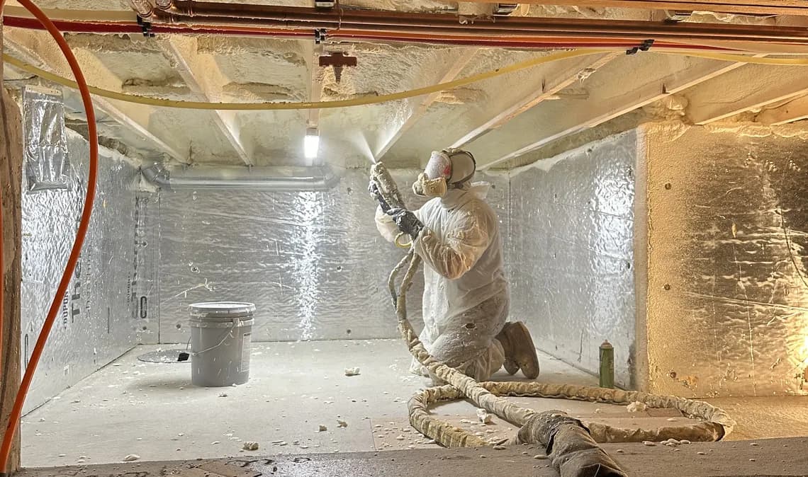 Technician applying spray waterproofing coating on a roof